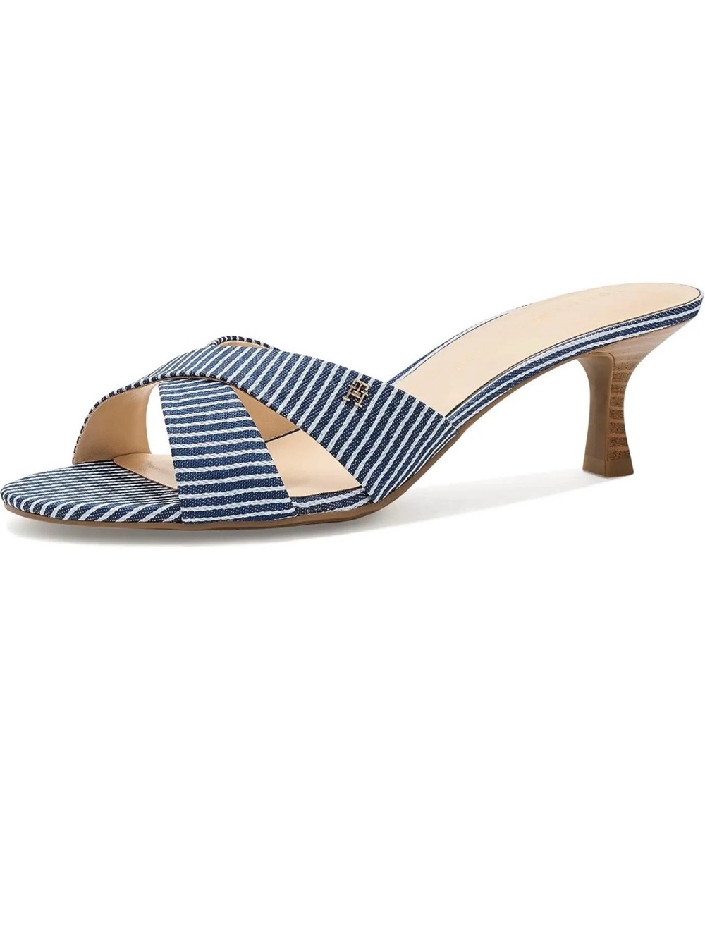 Tommy Hilfiger Navy and White Striped Crisscross Slide Mule Kititn heel Size 9